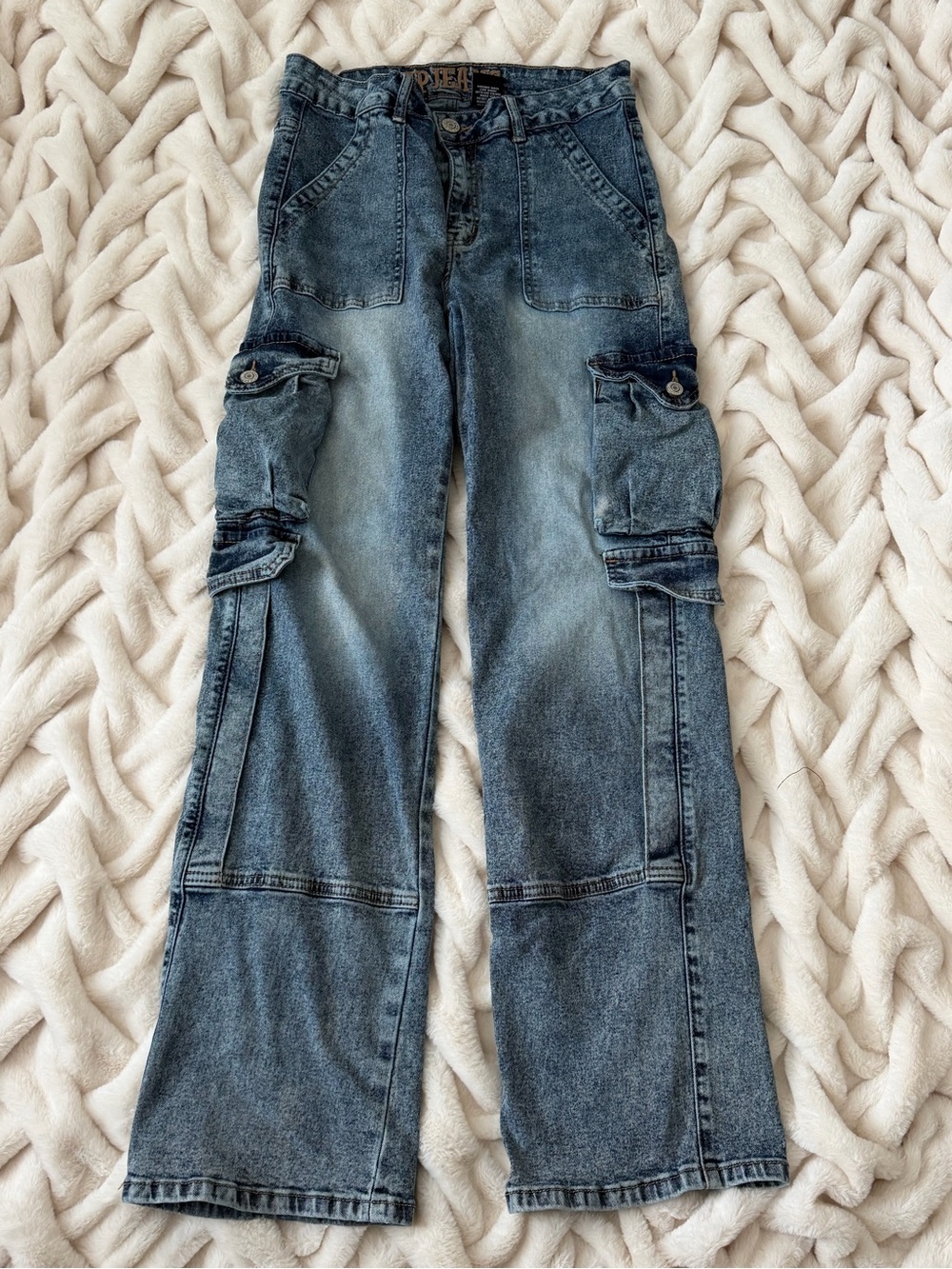 VIP Women's Washed Blue Wide Leg Cargo Jeans